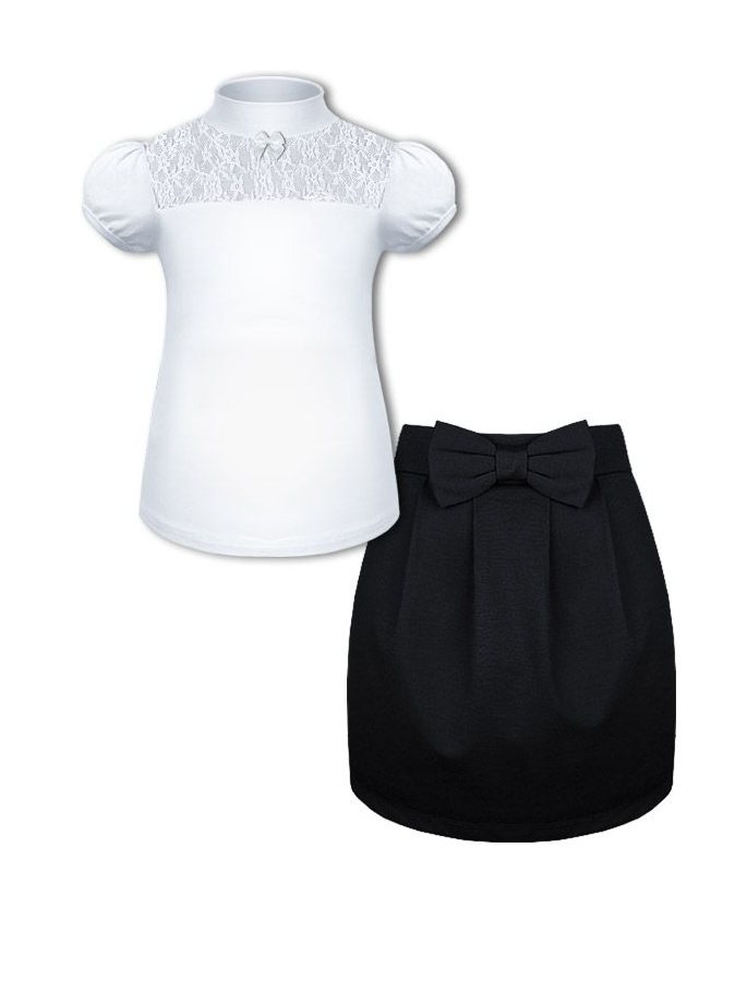 Школьный комплект для девочки с белой блузкой и юбкой с бантом
