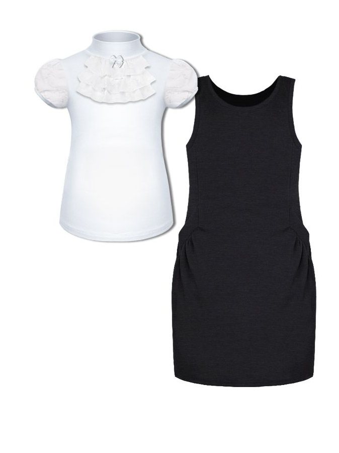 Школьный комплект для девочки с серым сарафаном и белой блузкой