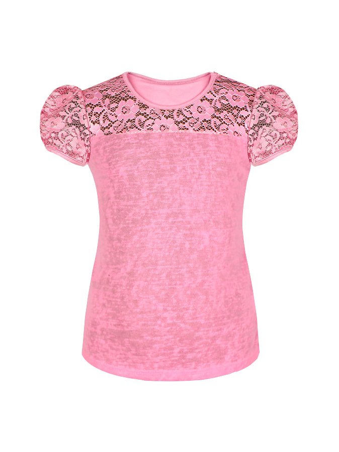 Розовая футболка (блузка) для девочки с гипюром