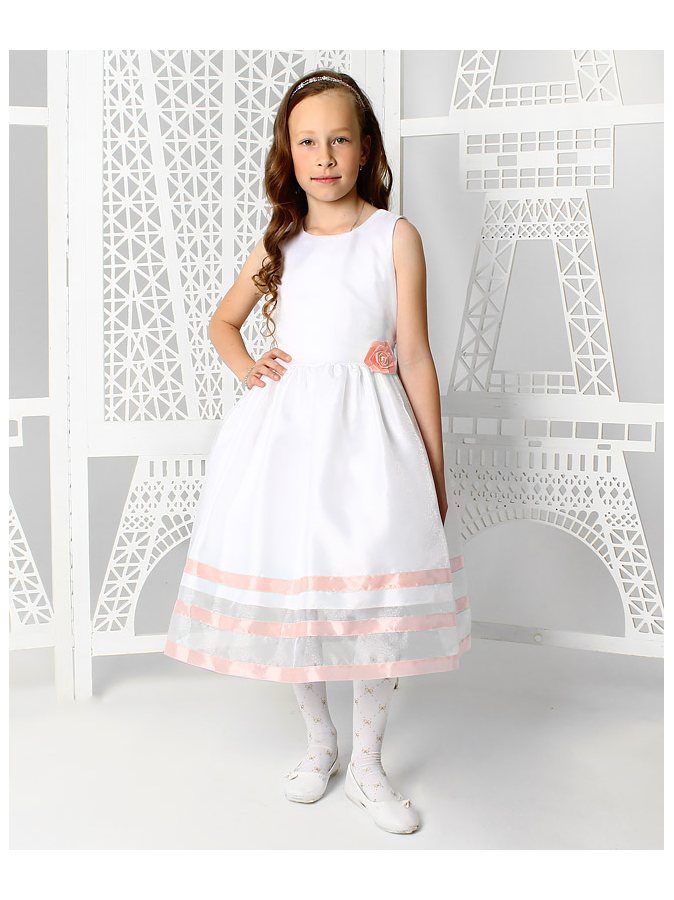Белое платье для девочки с персиковыми лентами