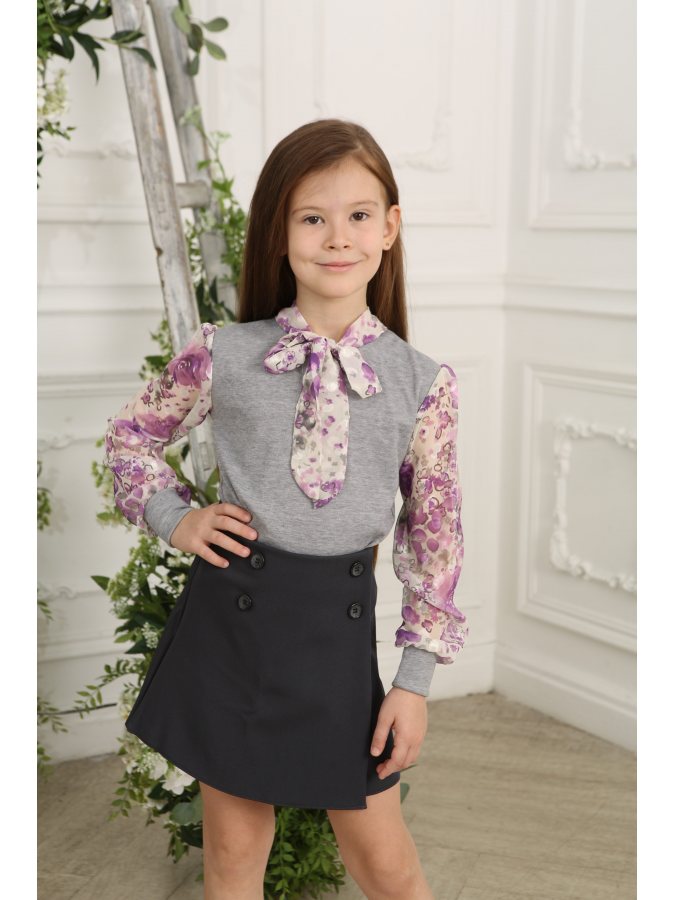 Серый джемпер(блузка)для девочки с бантом-галстуком